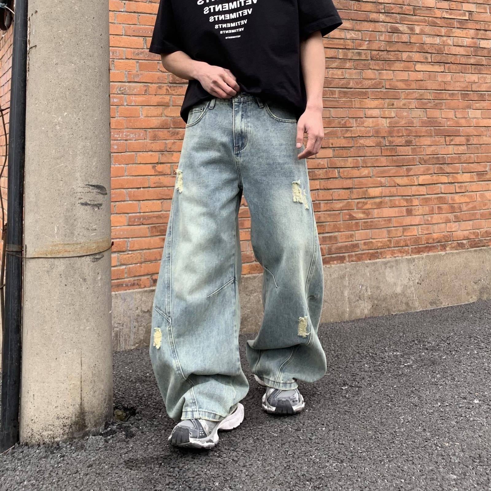 Jean Light Blue Distressed Baggy Wide Leg Jeans, Relaxed Fit Size US 30 / EU 46 - 6 Thumbnail