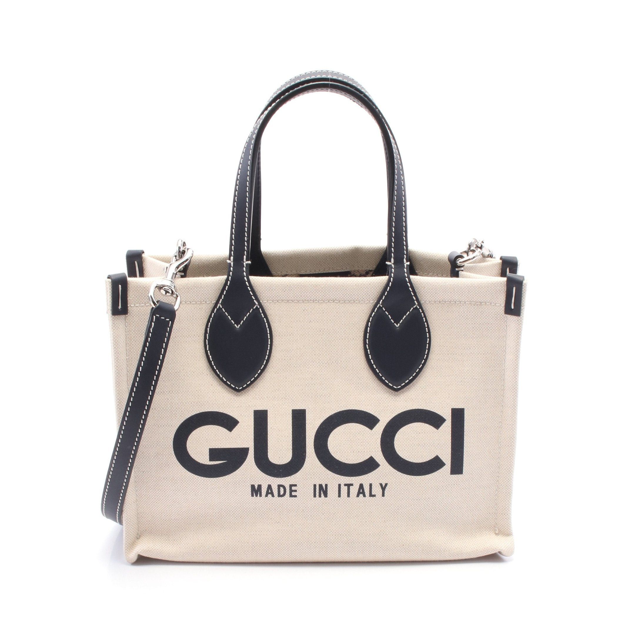 Gucci Print Mini Handbag Tote Bag Canvas Leather Ivory Dark Navy in Black, Women's