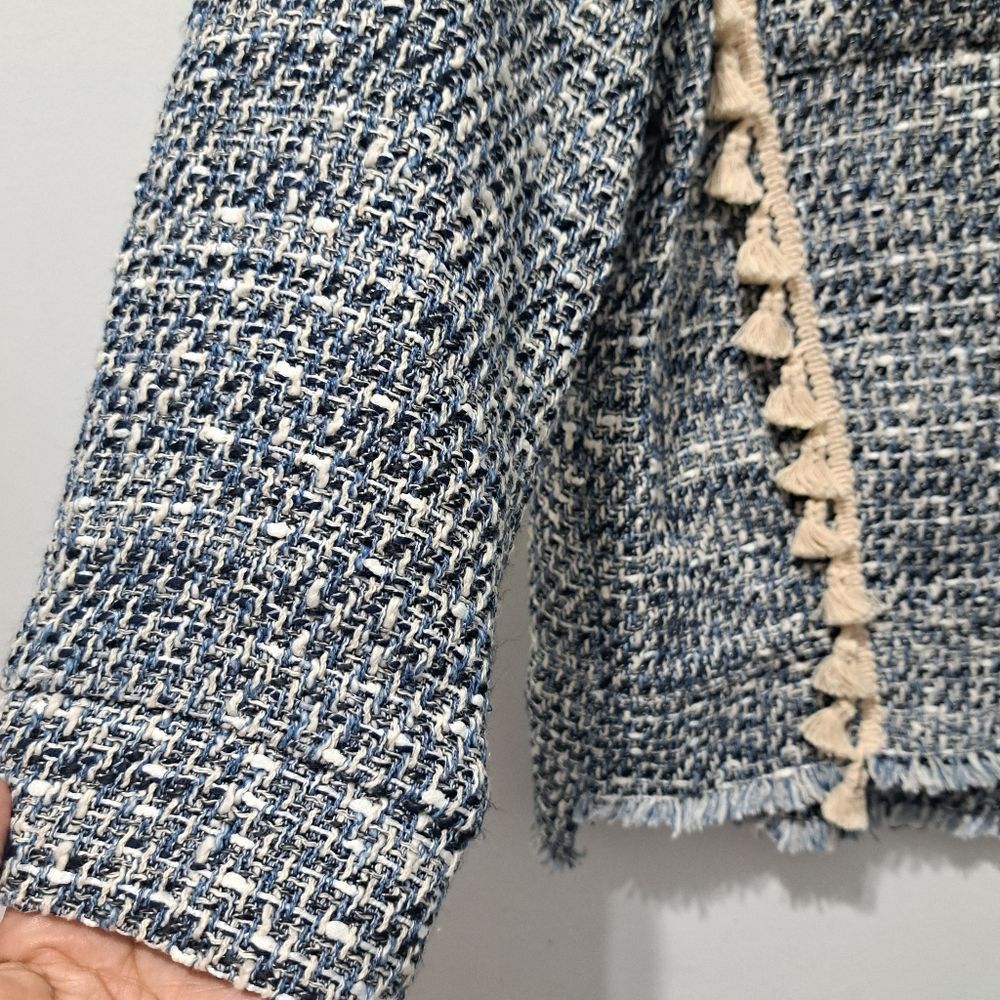 Zara Zara Tweed Jacket Boho Western Tassel Pockets Medium Blue/Wh Size M / US 6-8 / IT 42-44 - 10 Thumbnail