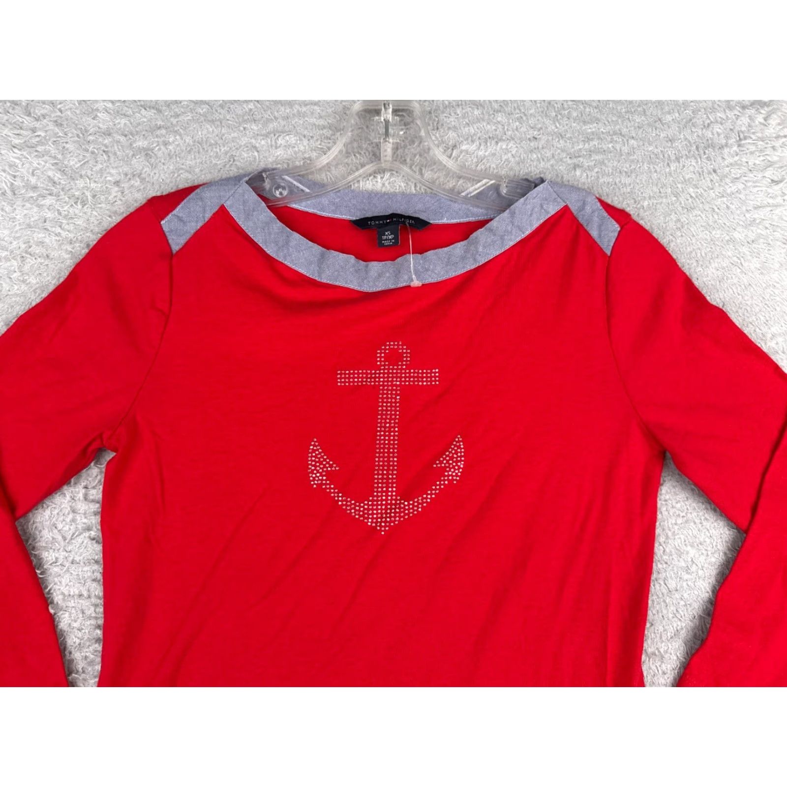 Tommy Hilfiger TOMMY HILFIGER Shirt Women XS Red Striped 3/4 Sleeve Boat Neck Cotton Casual Rhinestone Size XS / US 0-2 / IT 36-38 - 4 Thumbnail