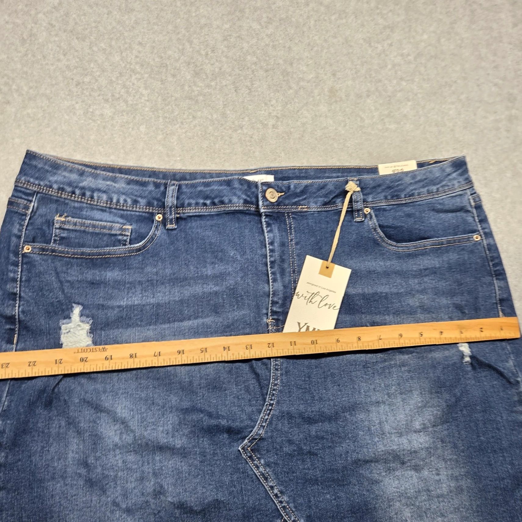 Denime YMI Skirt Womens 20 Blue Stretch Denim Distressed Frayed Hem Front Slit NWT Size 42" / US 20 - 6 Thumbnail