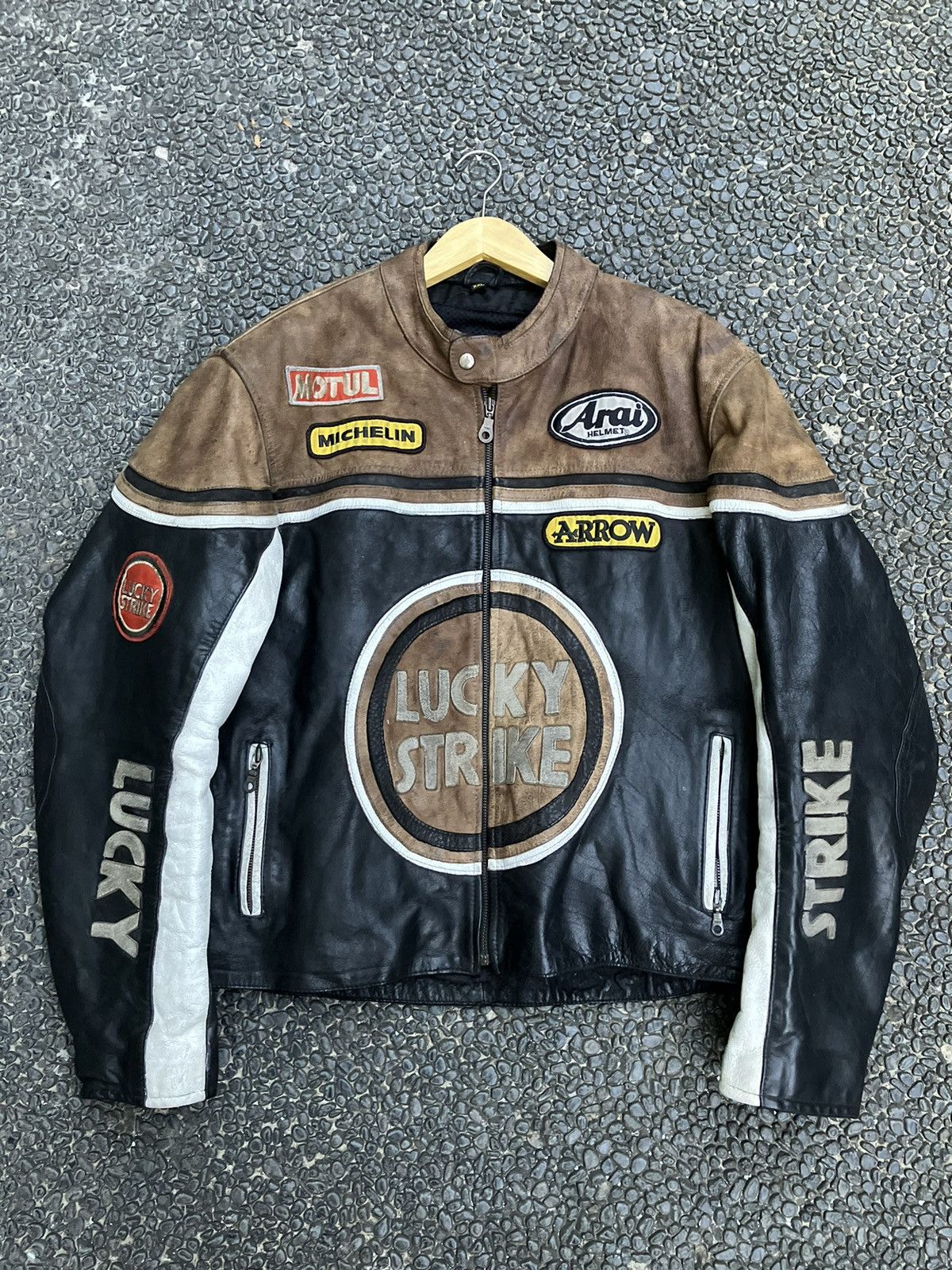 image of Leather Jacket x Racing 90's Vintage Lucky Strike Kevin Schwantz Genuine Leather in Black/Brown (Si