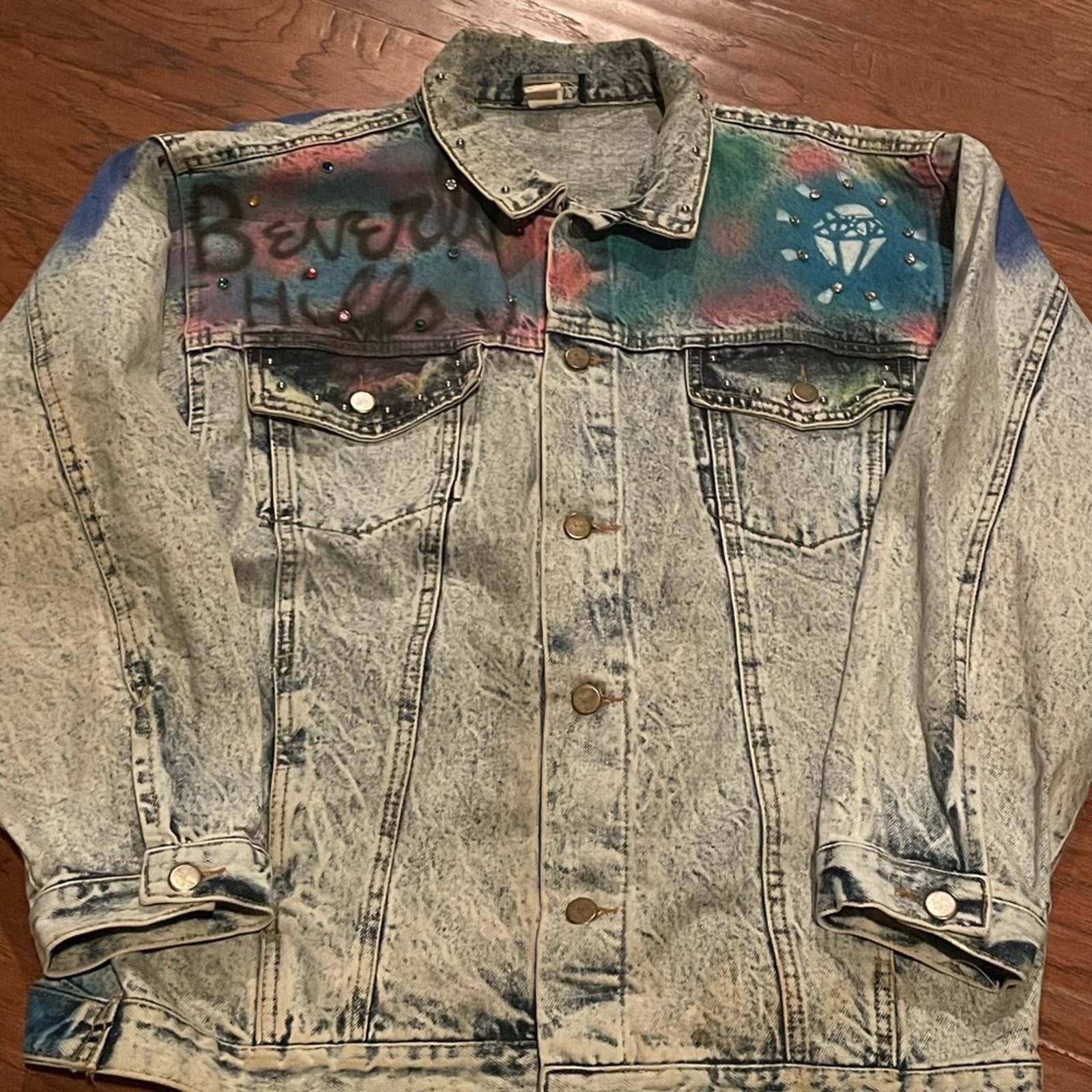 image of Vintage Denim Jacket Wearable Art Huntington Beverly Hills in Blue, Women's (Size Medium)