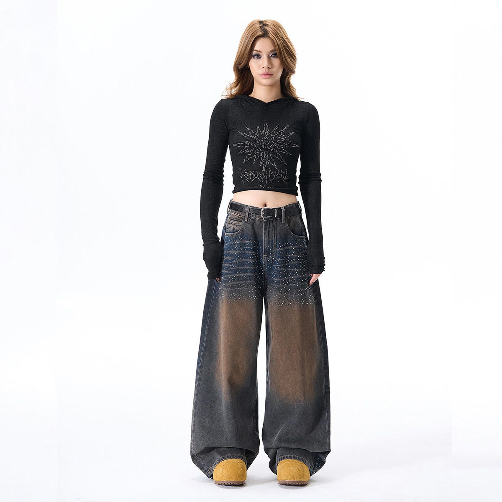 Vintage Wide Leg Baggy Denim Jeans, Studded Baggy Jeans Size 28" / US 6 / IT 42 - 4 Thumbnail
