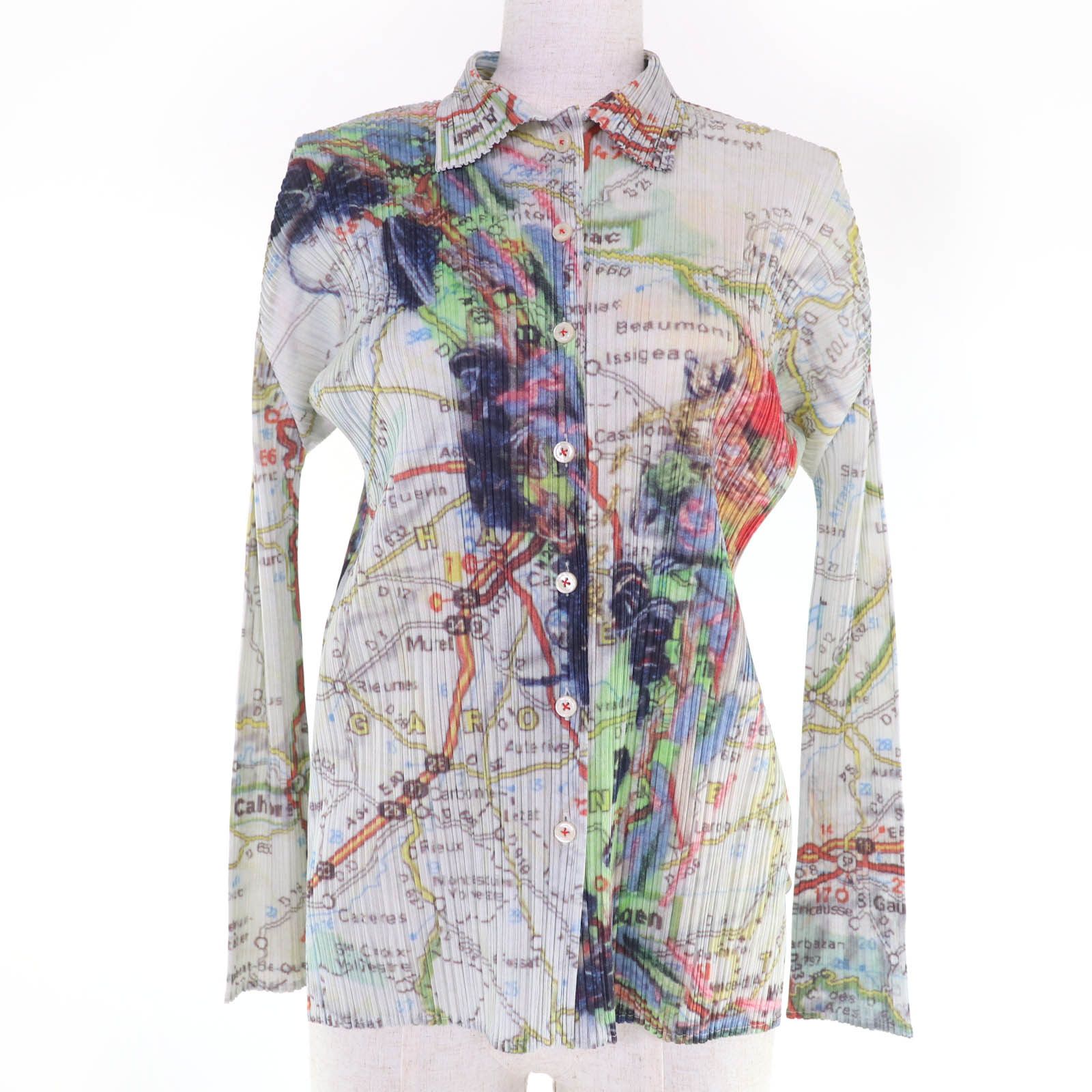 Issey Miyake Issey Miyake PLEATS PLEASE Paris Map Pattern Polyester Long Sleeve Shirt Textile Tops PP51-JJ803 DUTY FREE for USA Size ONE SIZE - 1 Thumbnail