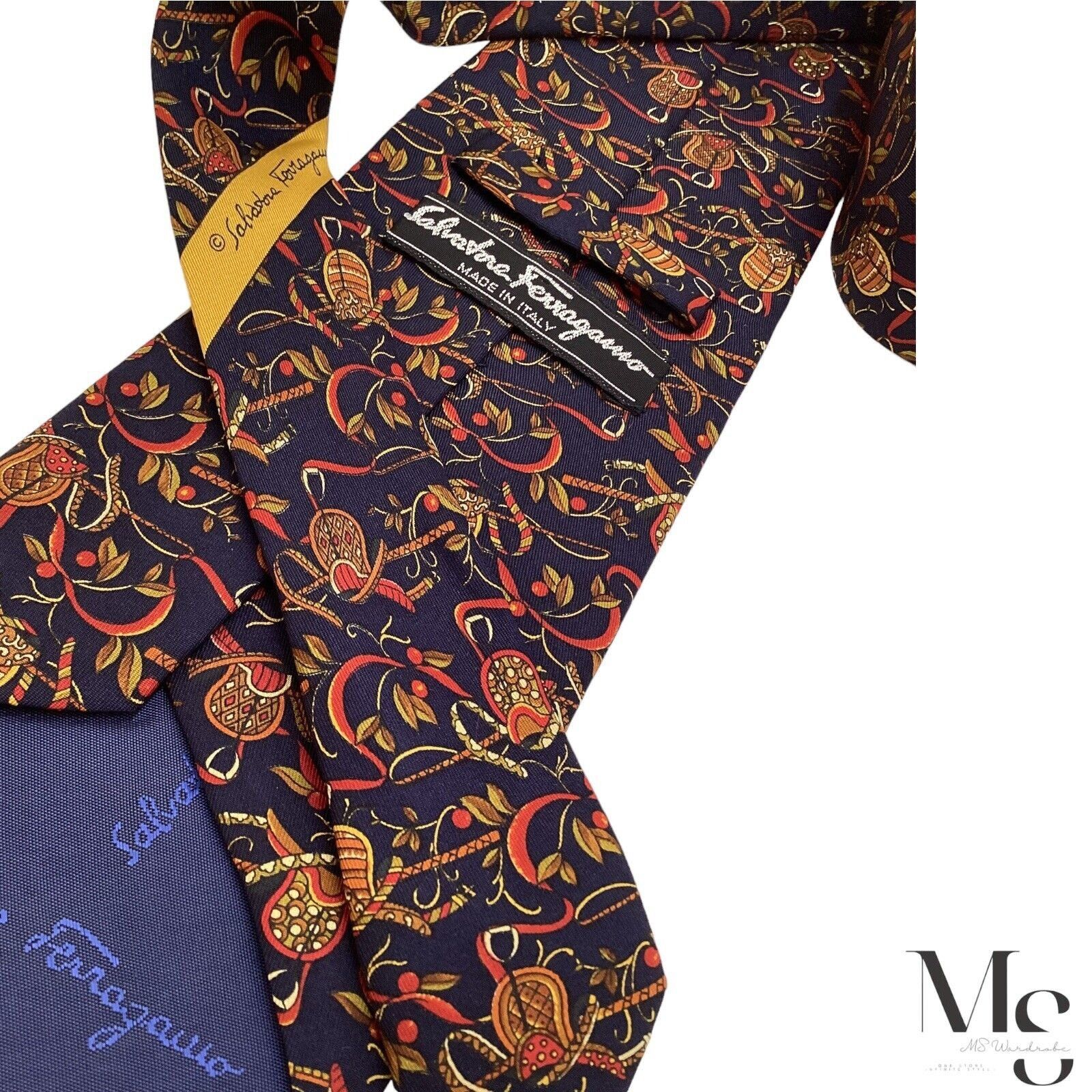 Salvatore Ferragamo Salvatore Ferragamo Navy Blue Saddle & fruit Silk Tie Italy Size ONE SIZE - 6 Thumbnail