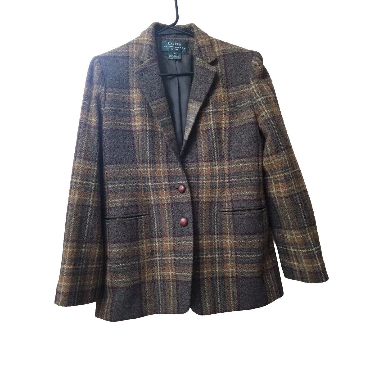 image of Lauren Ralph Lauren Ralph Laurent Blazer Wool Tweed Plaid Elbow Patches VTG 4P in Brown, Women's (S