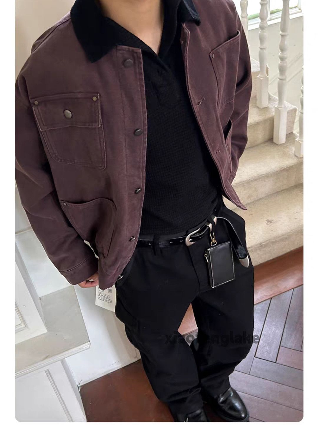 Unisex washed faded loose workwear cargo jacket
