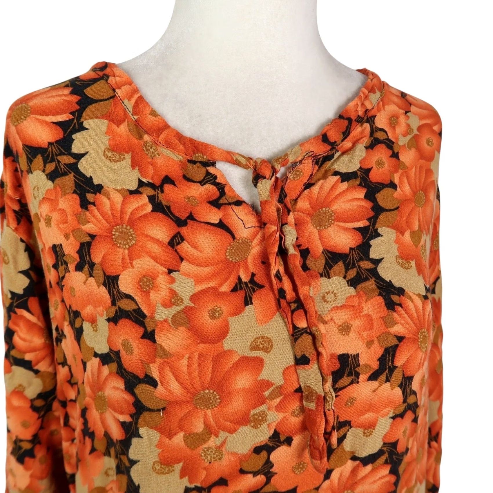 Vintage VINTAGE Orange Floral Print Long Sleeve Flow y Midi Dress L Women Bohemian 90s Casual Size L / US 10 / IT 46 - 2 Thumbnail