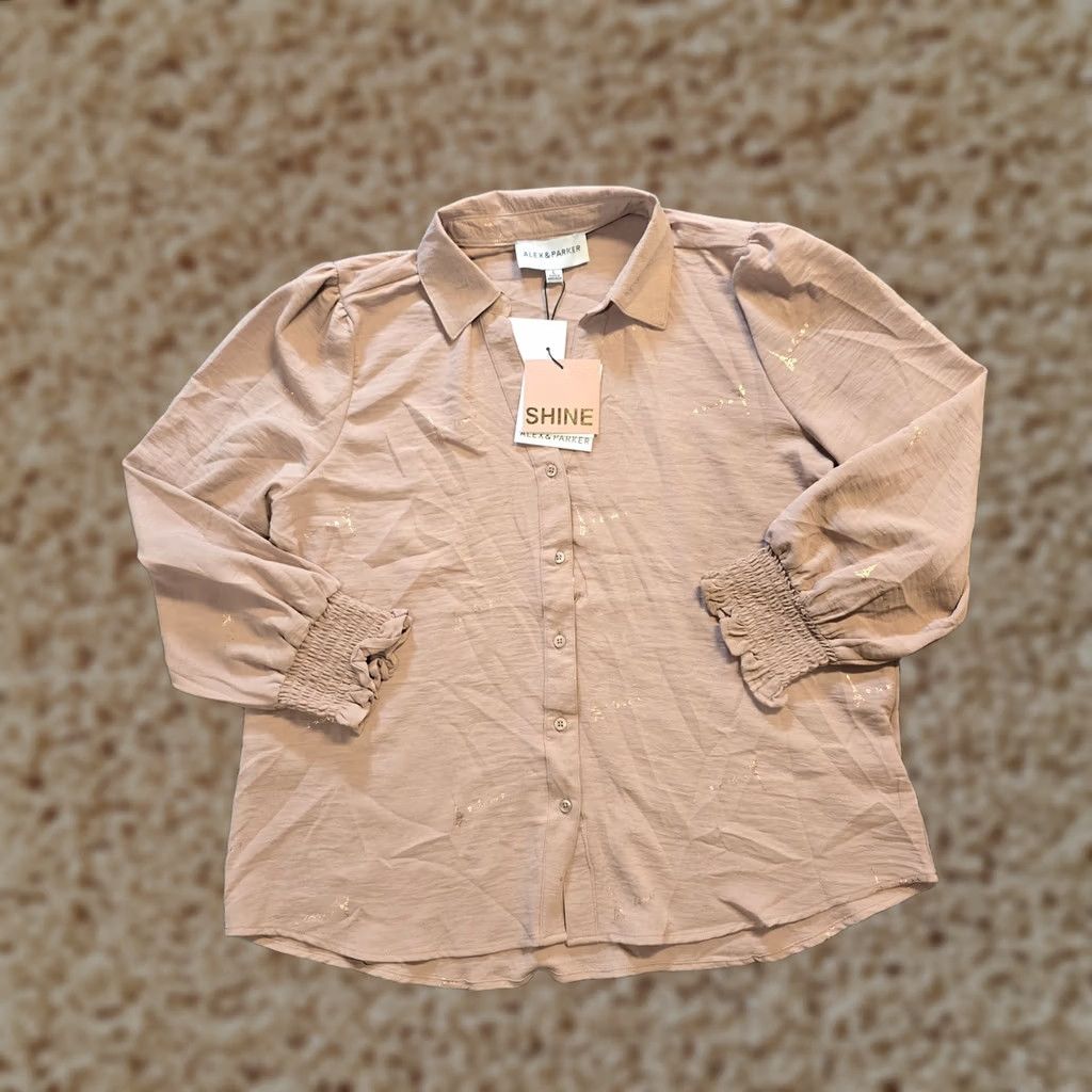 Parker Alex Parker Top Womens Size L Beige Gold Paris Eiffel Tower Button Casual Blouse Size L / US 10 / IT 46 - 1 Thumbnail