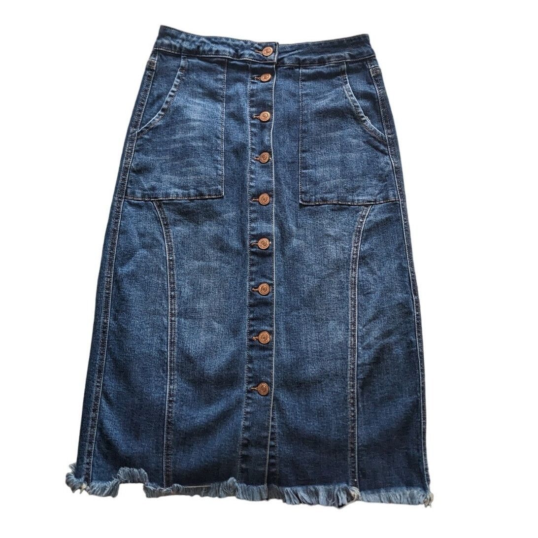 Other Tricot Long Denim Blue Fringe Hem Button Up Skirt Small Size 27" / US 4 / IT 40 - 1 Thumbnail