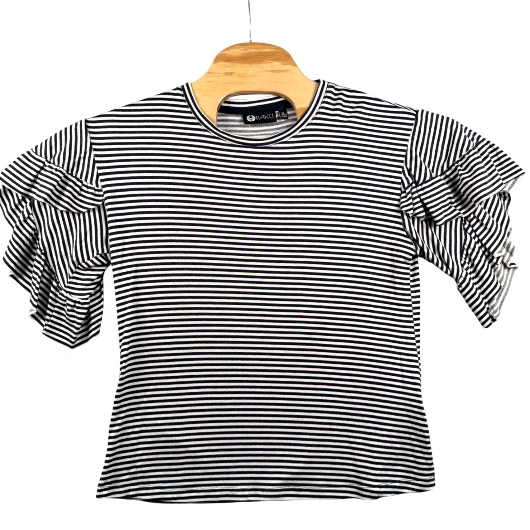 Vintage Baku Striped Knit Top Crew Neck Short Sleeve Ruffle Tiered Navy White Women M Regular Casual Marine Preppy Size M / US 6-8 / IT 42-44 - 2 Thumbnail