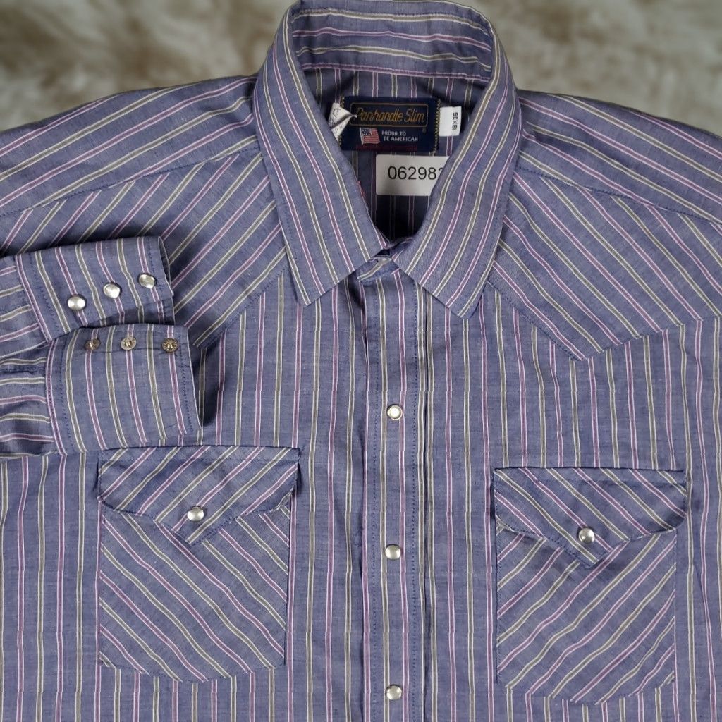 Vintage VINTAGE Panhandle Slim Shirt Mens Size 18 Blue Stripe Western Pearl Snap Button Long Sleeve Collared Button-Up Mens Shirt Size US XXL / EU 58 / 5 - 1 Thumbnail