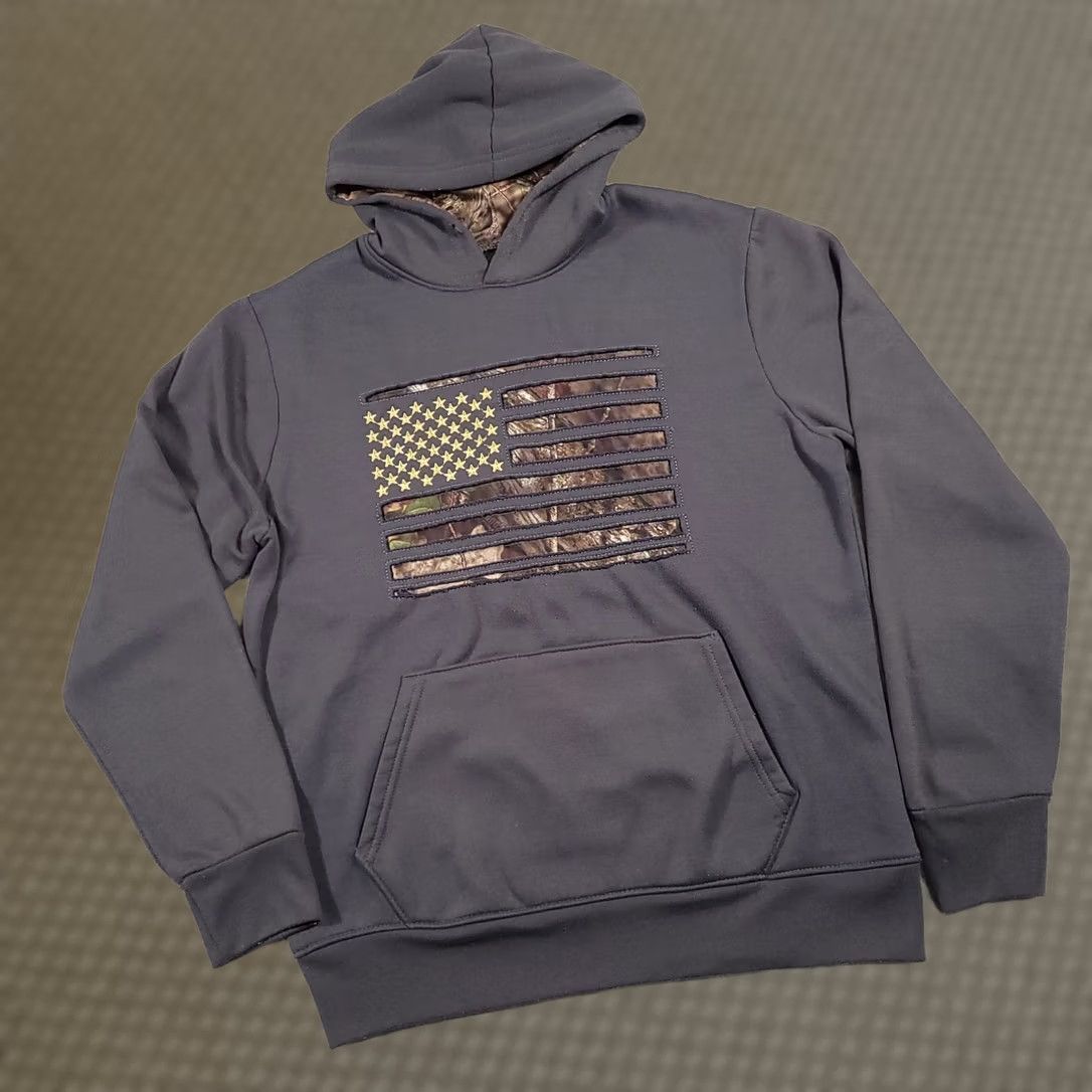 Vintage Mossy Oak Flag Hoodie Pullover Kangaroo Pockets Mens M Black/Gray Patriotic Shirt Size US M / EU 48-50 / 2 - 1 Thumbnail
