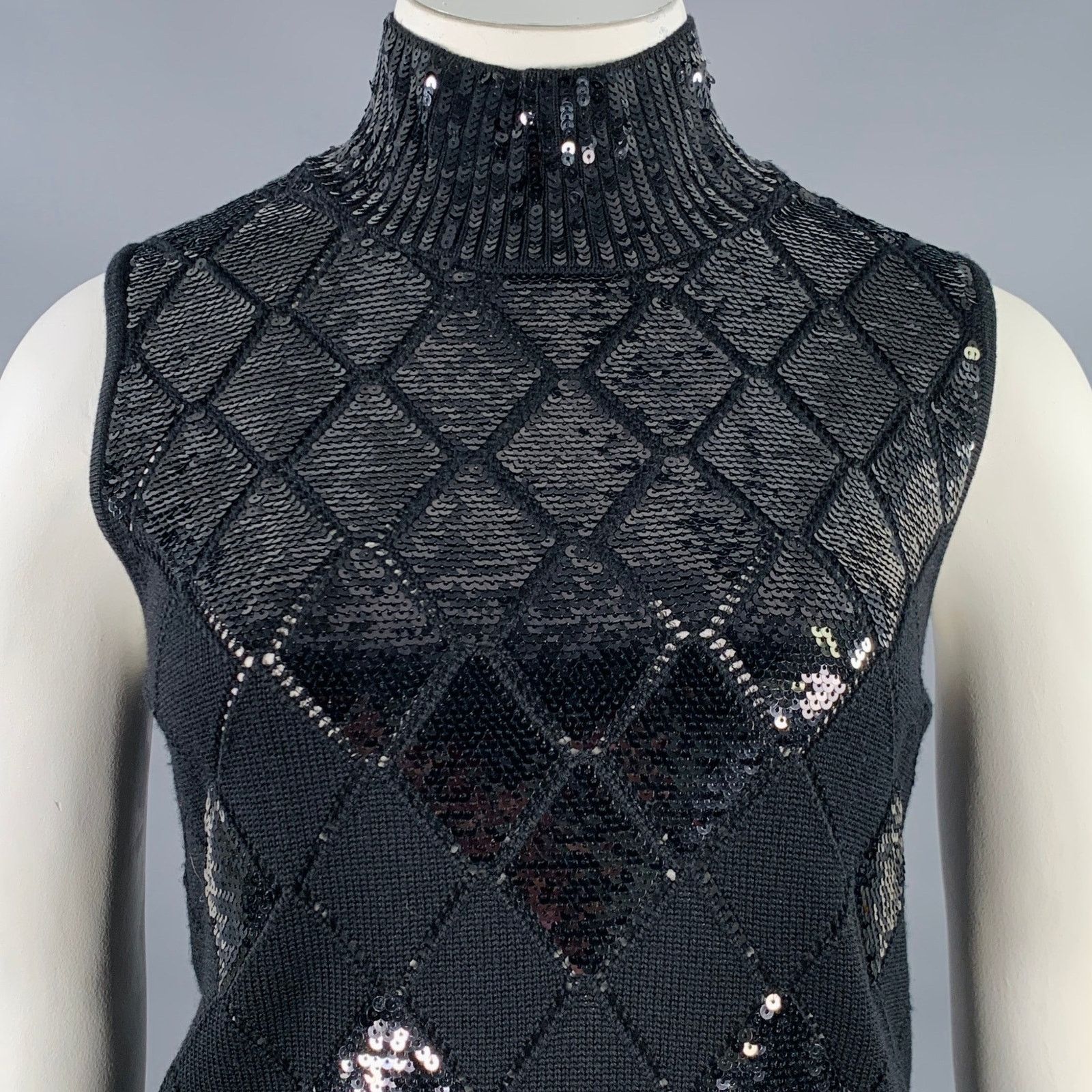Emporio Armani Size L Black Virgin Wool Sequined Sleeveless Dress Top Size XS / US 0-2 / IT 36-38 - 2 Thumbnail