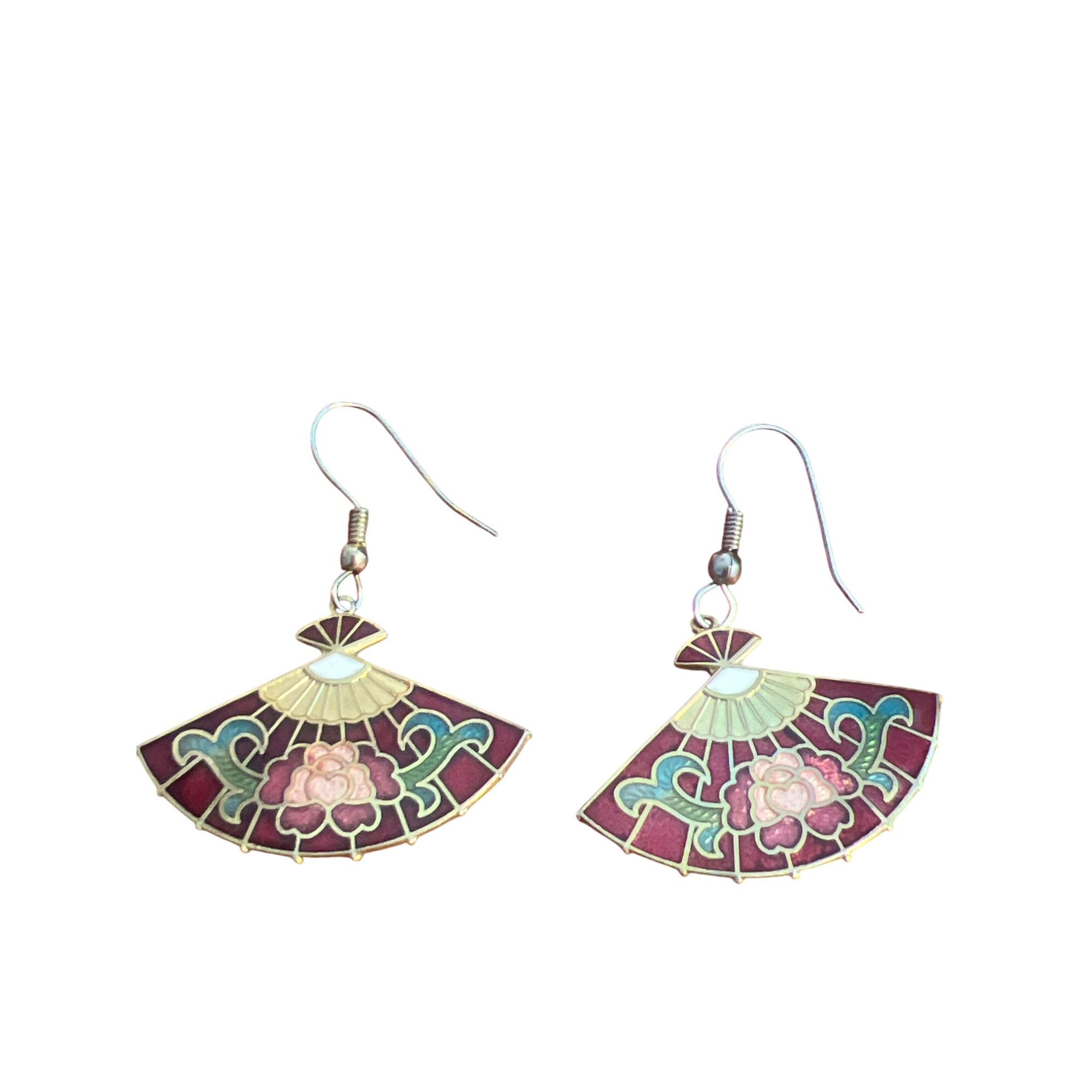 Other Vintage Fan-Shaped Enamel Cloisonné Earrings Gold Tone Flora Size ONE SIZE - 1 Thumbnail