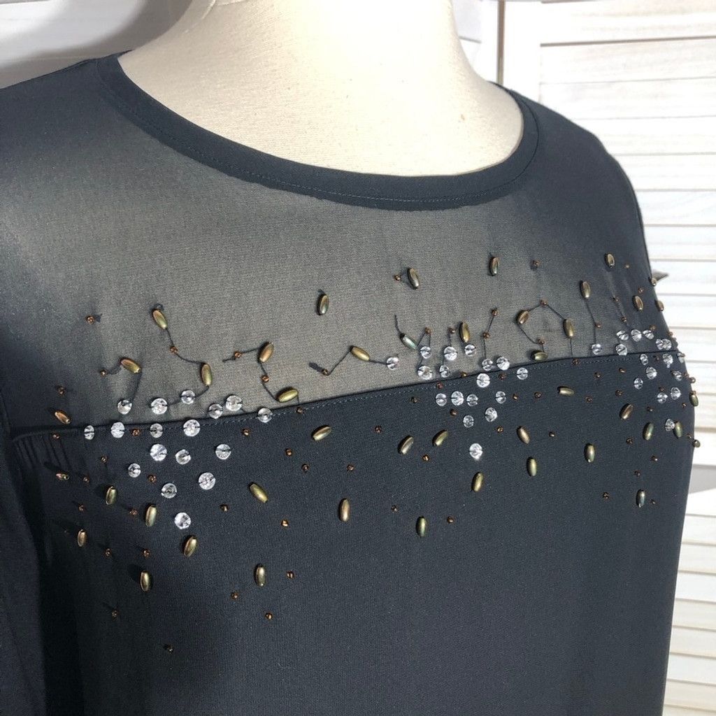 Vintage Blouse Beaded Sequined Neckline Short Sleeves Black US 22/24 Size 3XL / US 20-22 - 7 Thumbnail