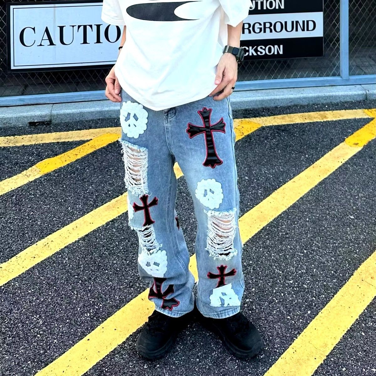 Designer × Jean High street heavy embroidered ripped straight cross jeans Size US 32 / EU 48 - 4 Thumbnail