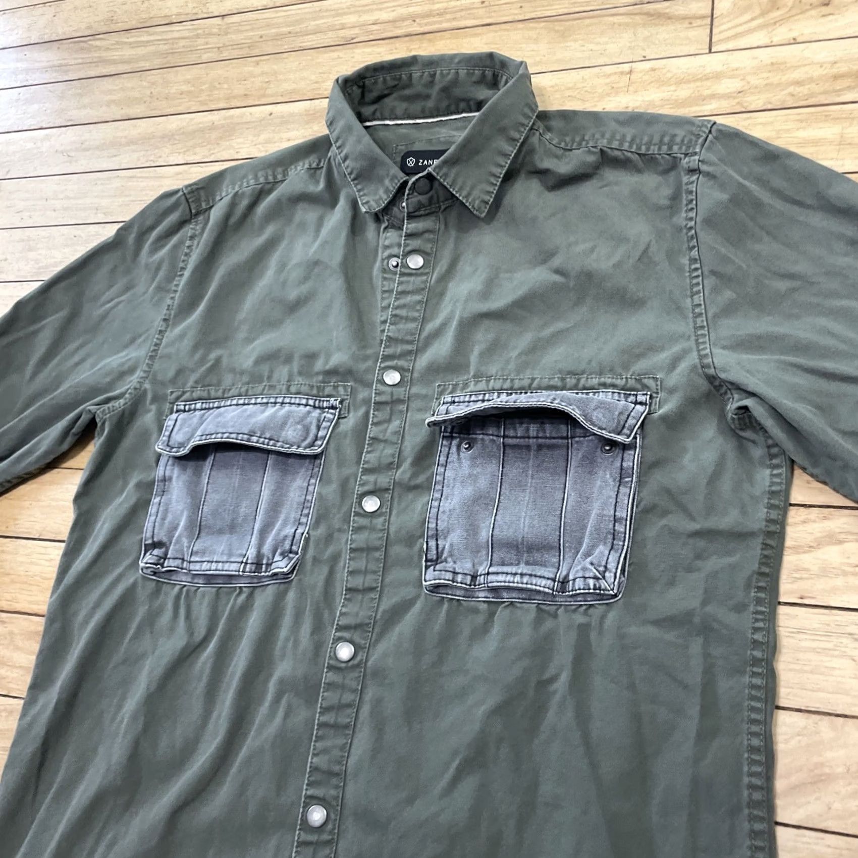Zanerobe ZANEROBE Button-Up Shirt Men M Green Gray with Pockets, Metal Snap Button, Workwear Outfits Outdoors Size US M / EU 48-50 / 2 - 4 Thumbnail