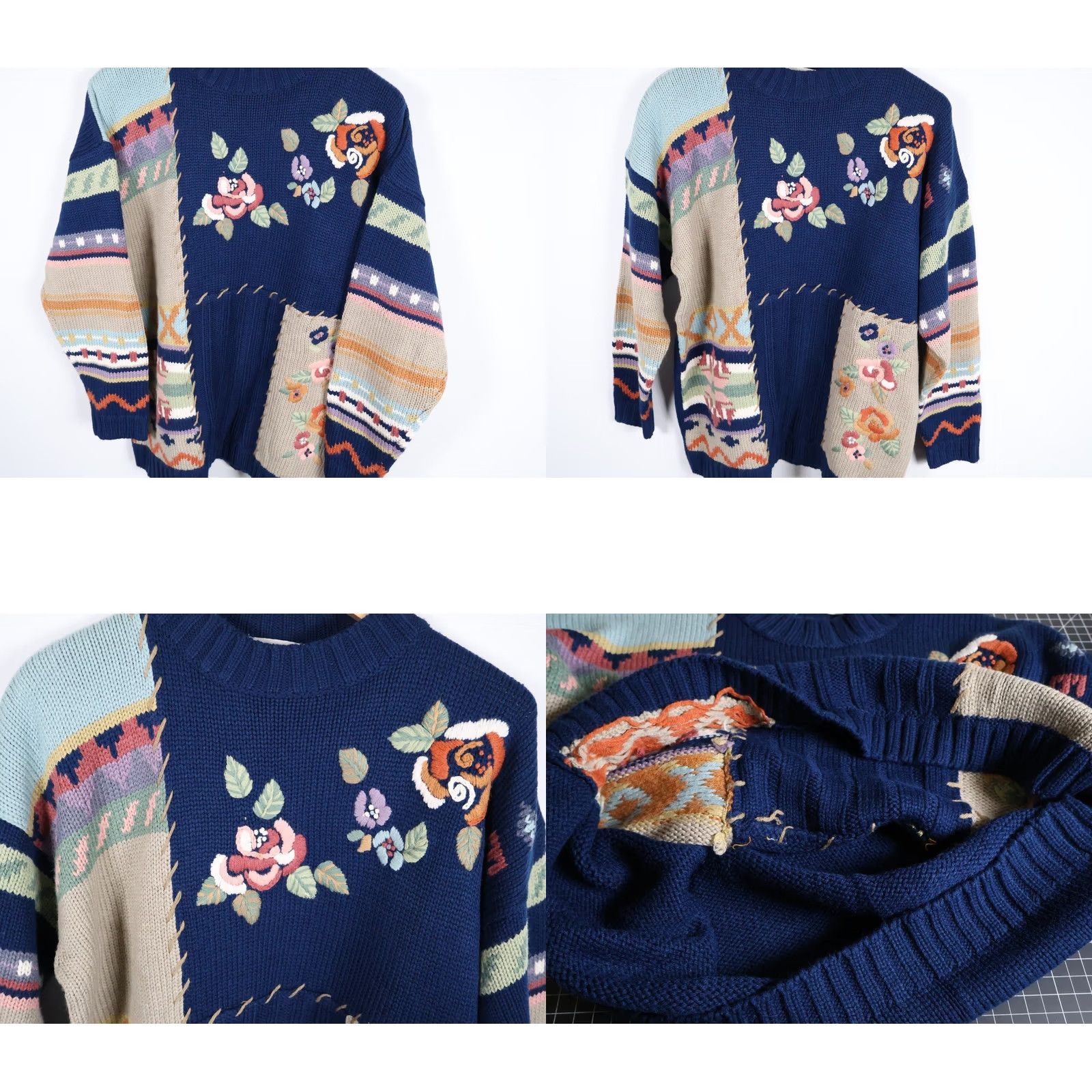 Vintage VINTAGE Together Sweater Women's Large Dark Blue Embroidered Patchwork Floral Knit Geometric 90s Bohemian Crew Neck Wool Blend Casual Pullover Size L / US 10 / IT 46 - 8 Thumbnail