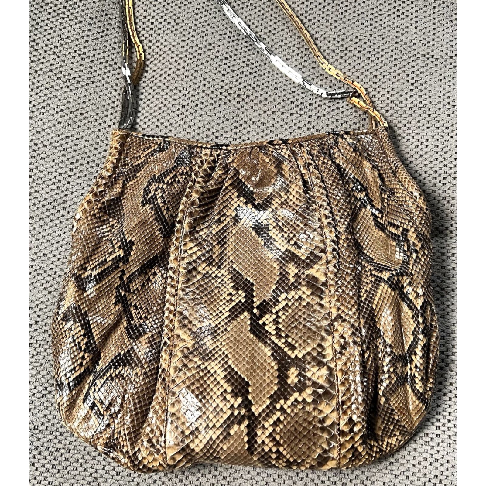 Judith Leiber VINTAGE Judith Leiber Snake Skin Shoulder Bag Gold Silver Chain Strap Women's Medium Tan Brown Gold Snake 70s 80s Evening Day Size ONE SIZE - 5 Thumbnail