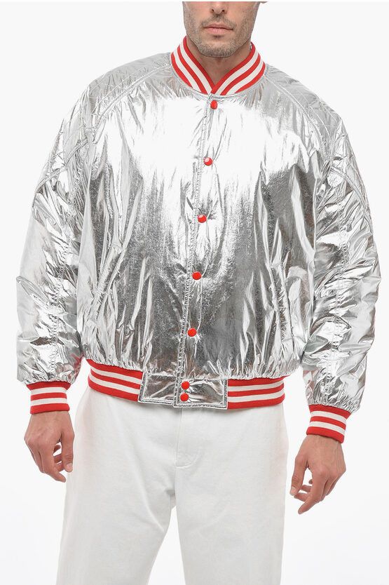 image of Celine Lamè Nylon Quilted Bomber Jacket With Snap Buttons in Silver, Men's (Size Medium)