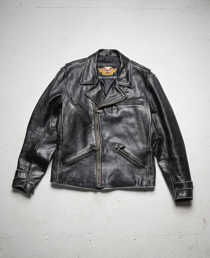 image of Harley Davidson Leather Ramonesque Vintage Washed Jacket L in Washed Black, Men's (Size Large)