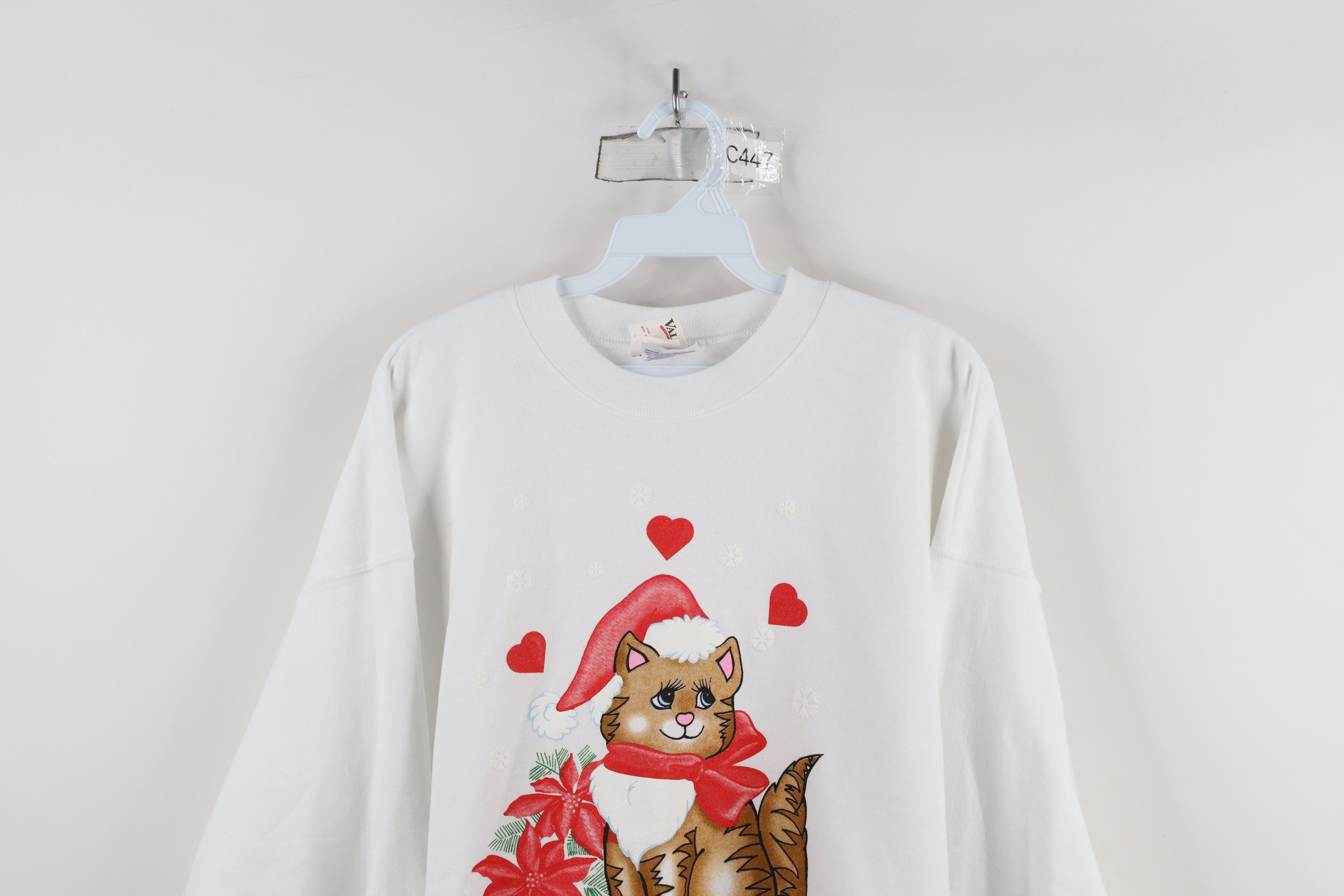 Vintage Deadstock Vintage 90s Christmas Cat Kitten Heart Sweatshirt Size L / US 10 / IT 46 - 2 Thumbnail