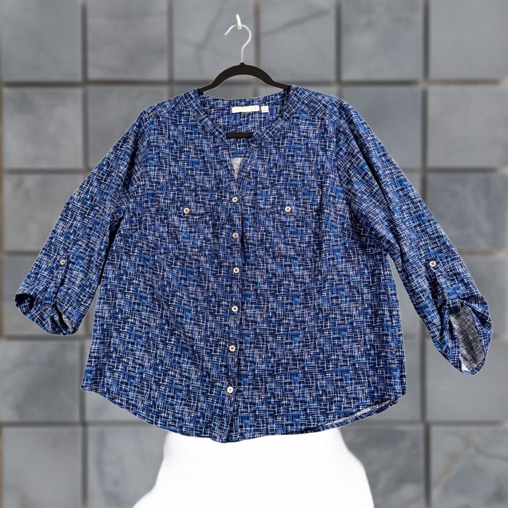 Vintage Notations Blue Abstract Blouse Plus Size 1X Boho Roll Tab Sleeve V-Neck Button Up Shirt Size XL / US 12-14 / IT 48-50 - 1 Thumbnail