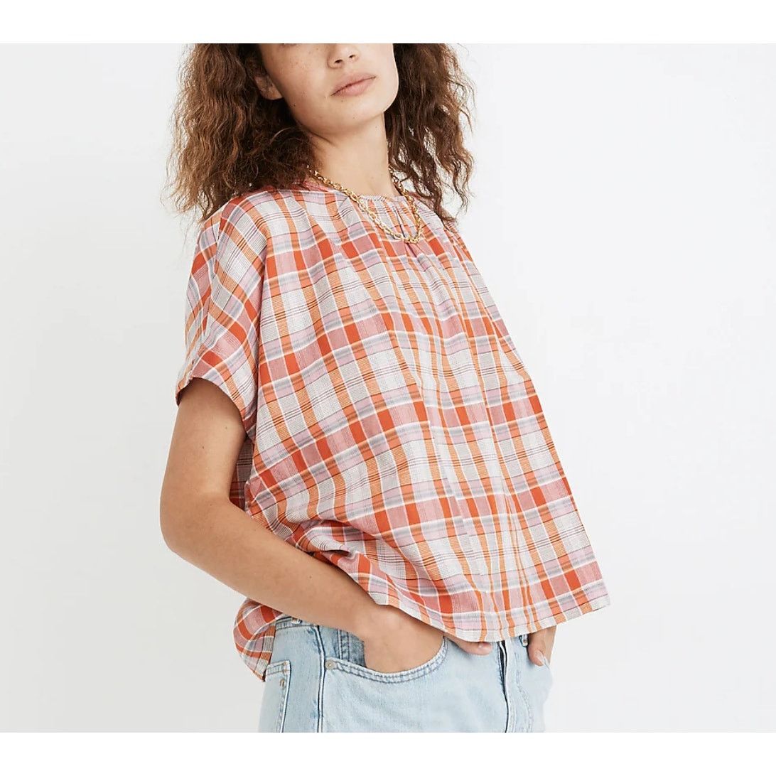 Madewell Madewell Plaid Shirred Neck Boxy Top Cotton Short Sleeve Size XXS / US 00 / IT 34 - 5 Thumbnail