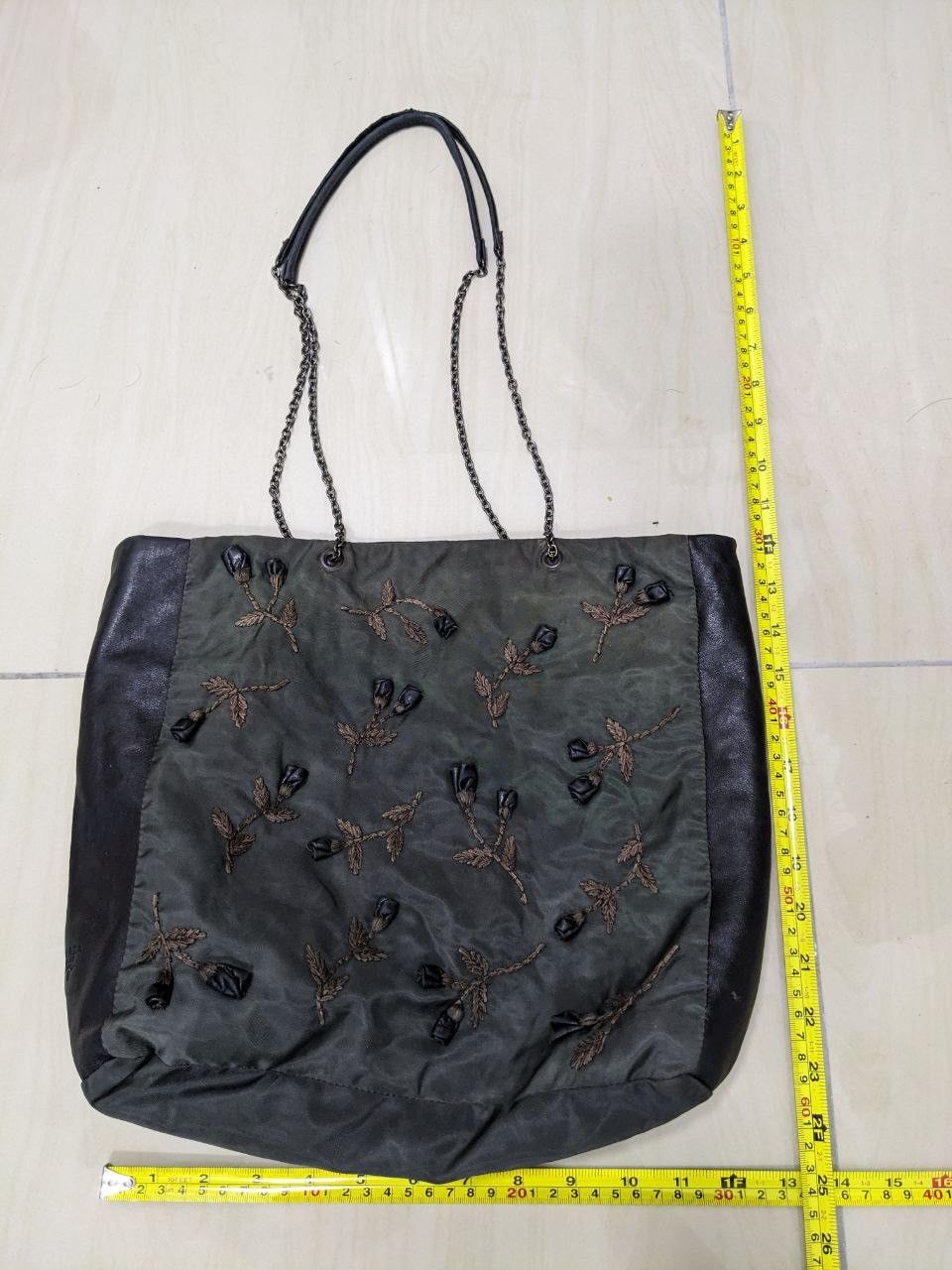 Prada VINTAGE PRADA LEATHER AND NYLON TOTE WITH EMBROIDERED FLOWER Size ONE SIZE - 6 Thumbnail