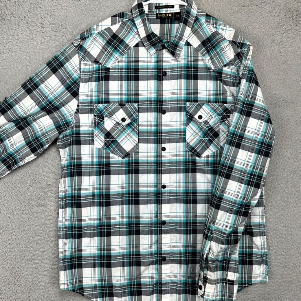 Vintage Helix Shirt Mens XL Blue White Plaid Athletic Fit Button Up Pocket Size US XL / EU 56 / 4 - 2 Thumbnail