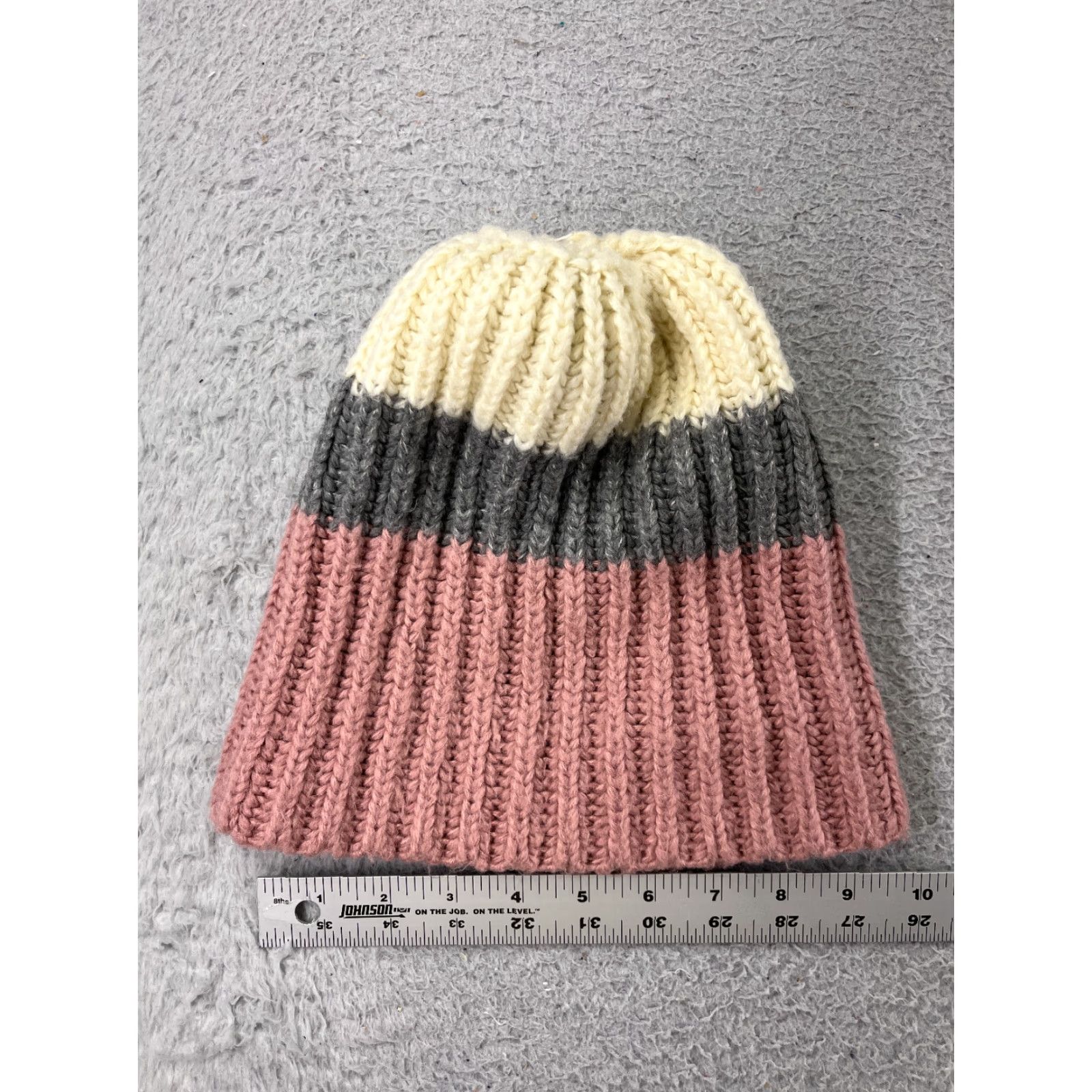 Pinko Unbranded Beanie Toque Womens One Size Pink Gray Ivory Knit 100% Acrylic Faux Fur Pom Size ONE SIZE - 4 Thumbnail