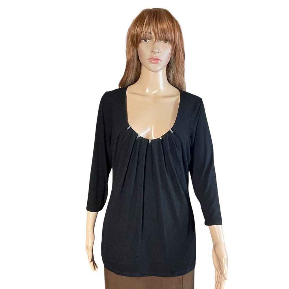 White House Black Market White House Black Market Black 3/4 Sleeve Pleated Front Blo Size L / US 10 / IT 46 - 1 Thumbnail