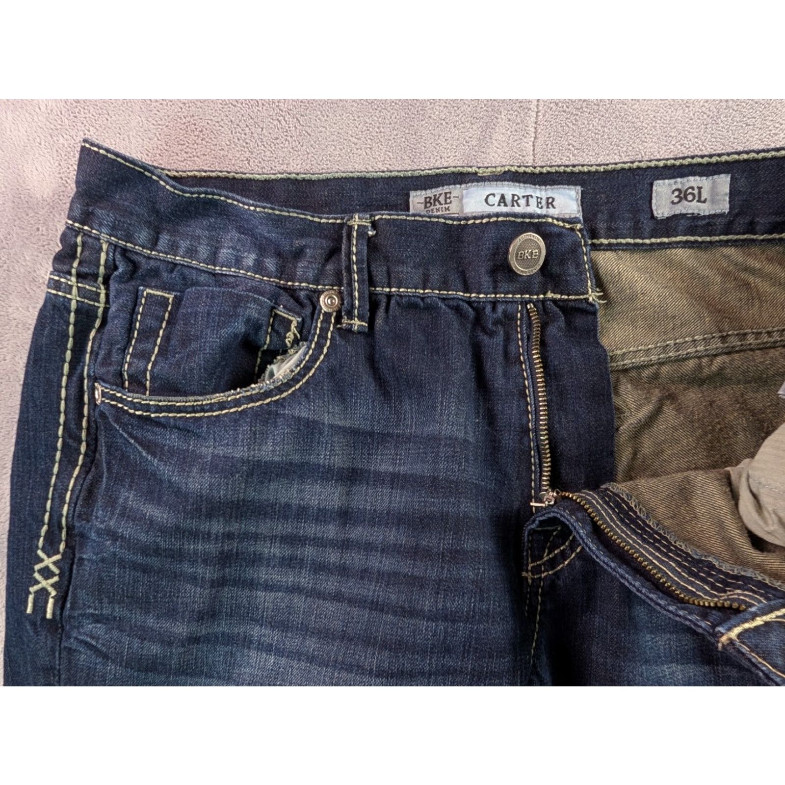 Vintage BKE Carter Jeans Men's 36L Cotton Blend Stretch Denim Straight Blue 5-Pocket Logo Buckle Bke Modern Fit Regular Jeans Mens Size US 36 / EU 52 - 3 Thumbnail