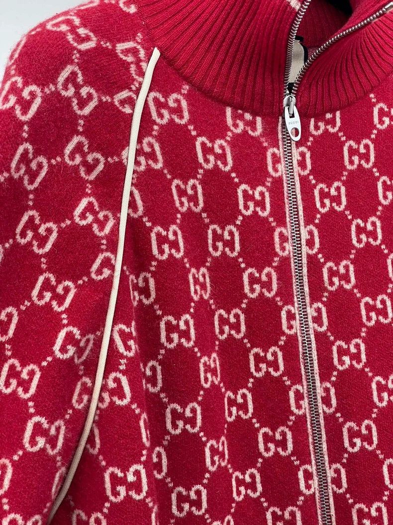 Gucci Gucci Red double G full print knitted cashmere zipper cardi Size US XS / EU 42 / 0 - 4 Thumbnail