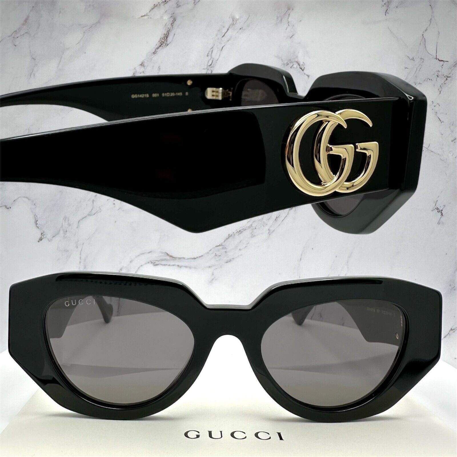 Gucci Sunglasses Black Cat Eye Gold Interlocking GG Logo