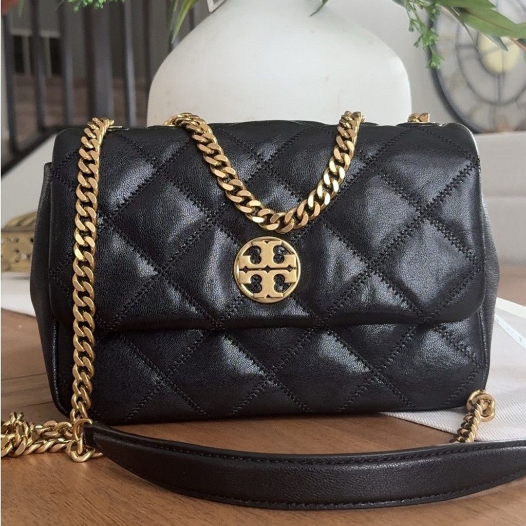 Tory Burch 595+! New Tory Burch Willa Black Diamond Quilted With Gold H Size ONE SIZE - 2 Thumbnail