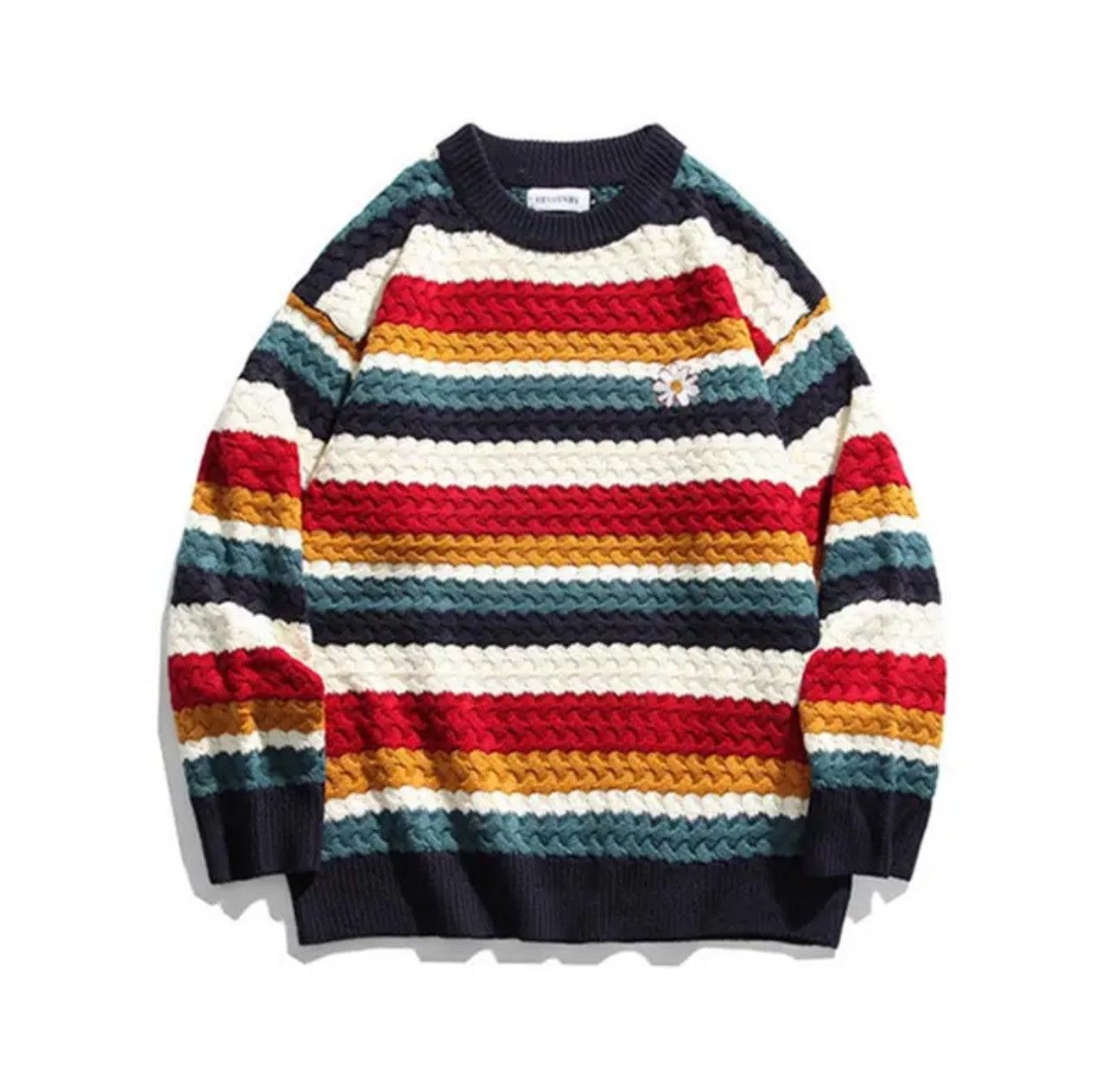 Coloured Vintage Rainbow Daisy Cable Knit Sweater Pullover