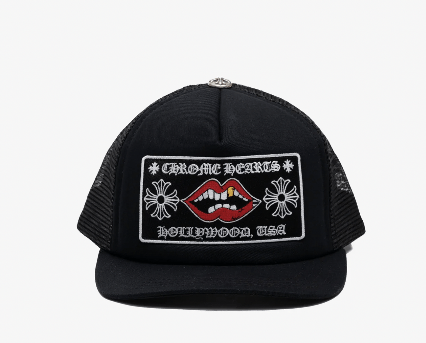 image of Chrome Hearts Chomper Patch Black Trucker Cap, Men's