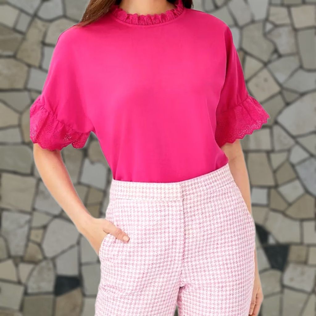 Ann Taylor Ann Taylor Blouse Pink Petite Size LP Mixed Media Eyelet Ruffle Trim Top Size L / US 10 / IT 46 - 1 Thumbnail