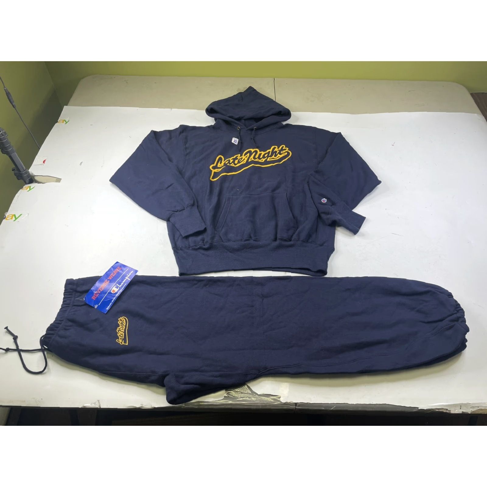 Champion VINTAGE Champion Hoodie Sweatshirt & Pants Set Late Night Mens XL Blue 1980s Cotton Blend Regular Long Sleeve Mens Size US XL / EU 56 / 4 - 2 Thumbnail