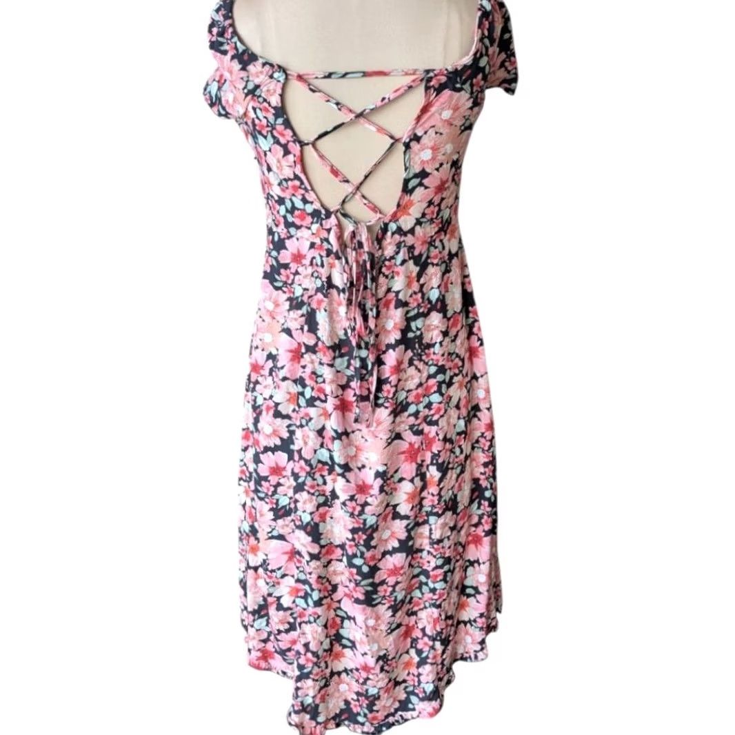 Vintage Floral Black Pink Hi Lo Midi Dress Lace Up Back Flutter Sleeve Sz L Whimsigoth Size L / US 10 / IT 46 - 2 Thumbnail