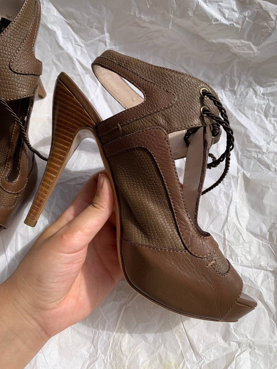 Escada × Vintage Escada vintage brown leather gladiators on heels Size US 8 / IT 38 - 7 Thumbnail