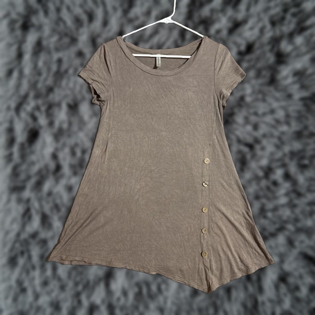 Vintage Emerald Dress Small A-Line Mini Casual Short Sleeve Round Neck Buttoned Asymmetrical Boho Earthy USA Women Size S / US 4 / IT 40 - 1 Thumbnail