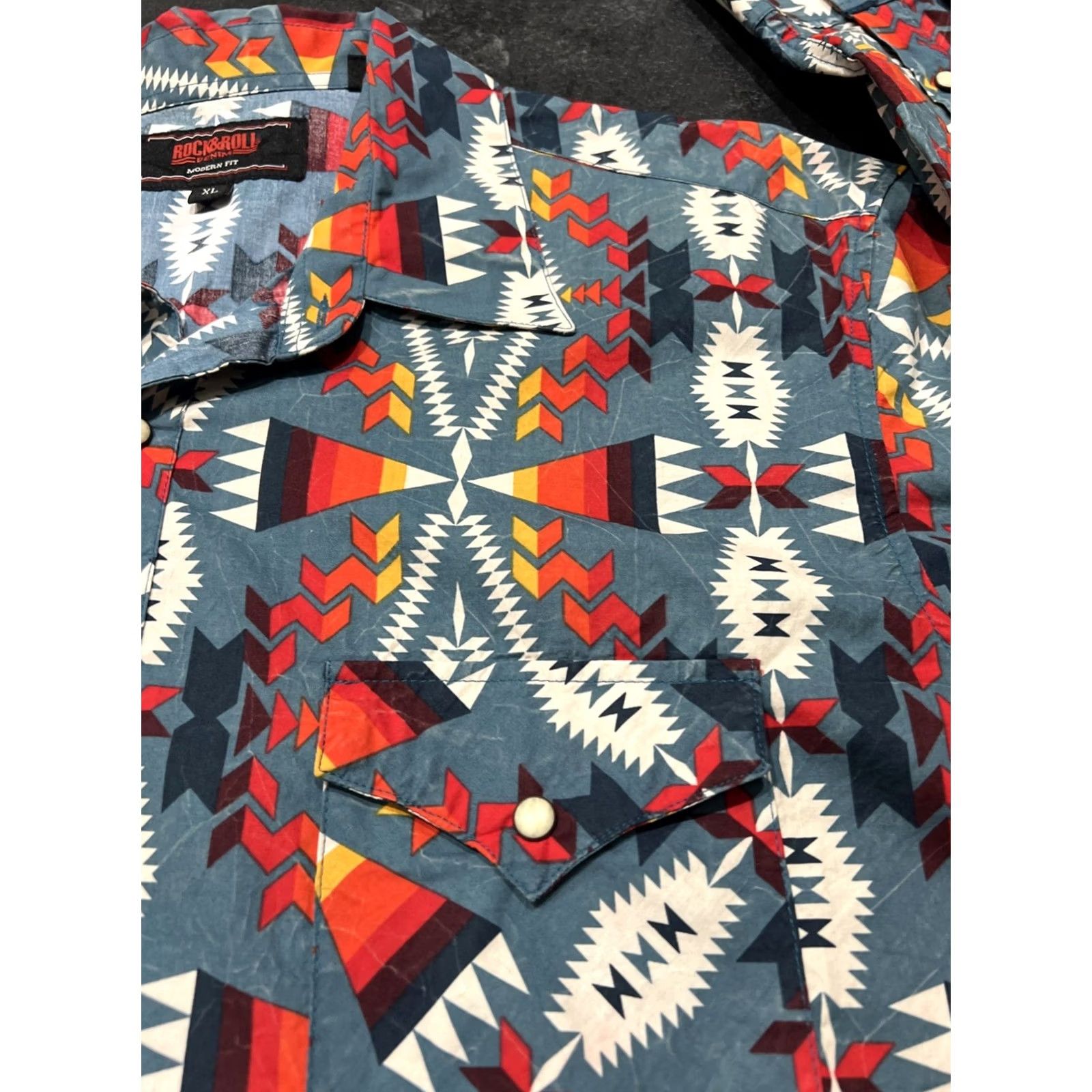 Vintage Rock & Roll Denim Shirt Mens XL Red Western Geometric Snap Button-Up Stretch Pockets Cotton Spandex Regular Size US XL / EU 56 / 4 - 3 Thumbnail