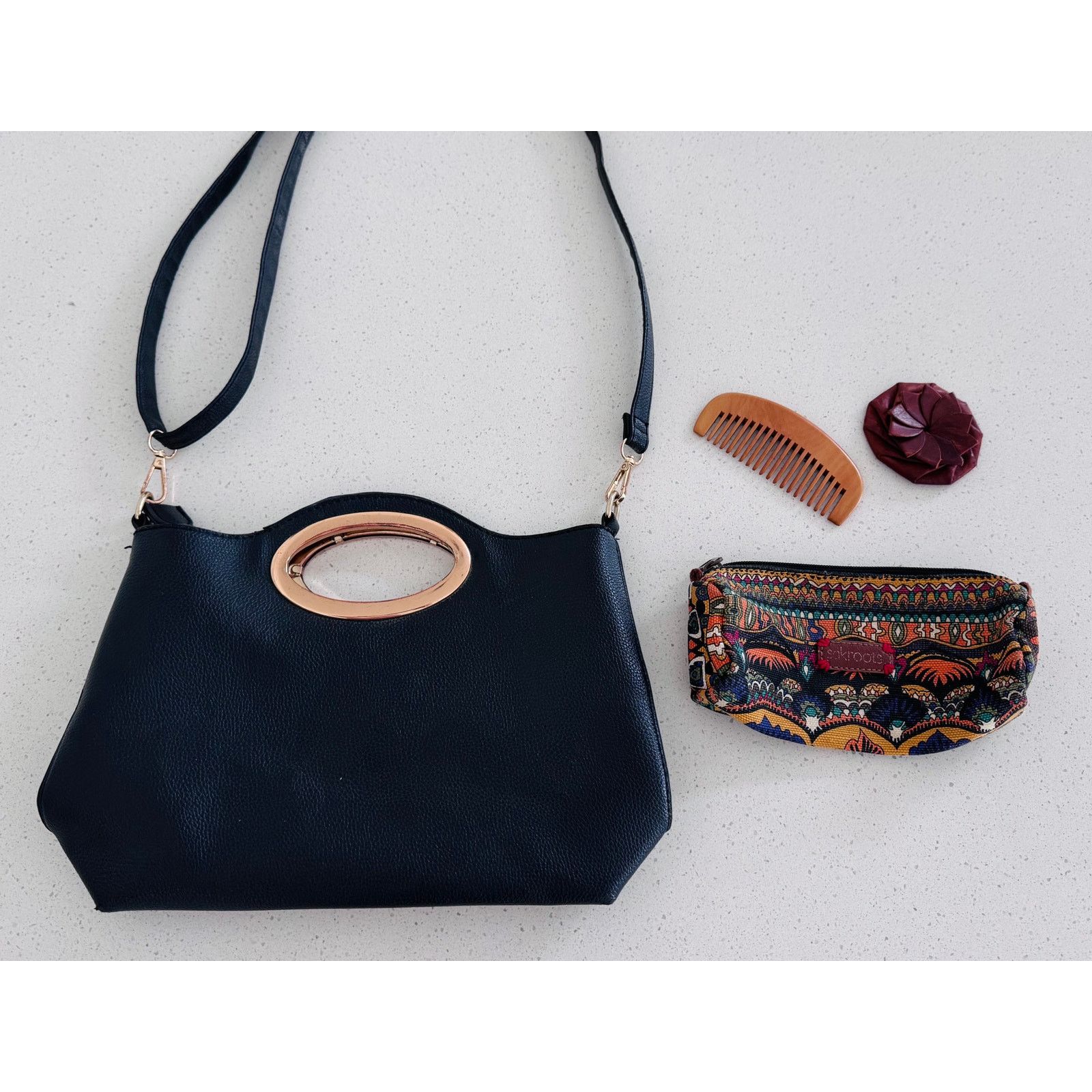 Black Faux Leather Purse, The Sak Pouch, Coin Pouch, Comb, Women's