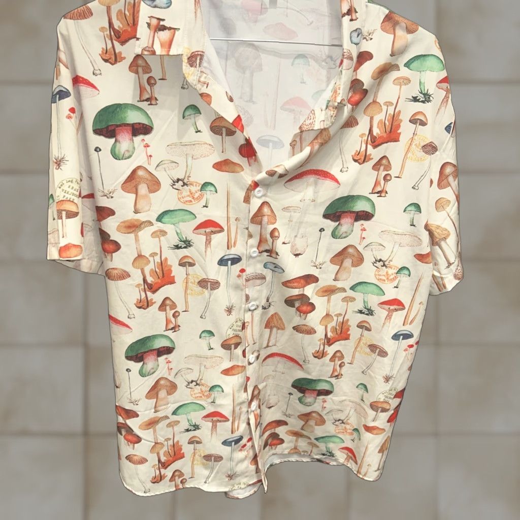 X-LARGE Mushroom Print Short Sleeve Shirt Mens XL Button Up Polyester Retro Satin Multicolor Casual Shirt X-Large Filtration: none Size US XL / EU 56 / 4 - 1 Thumbnail