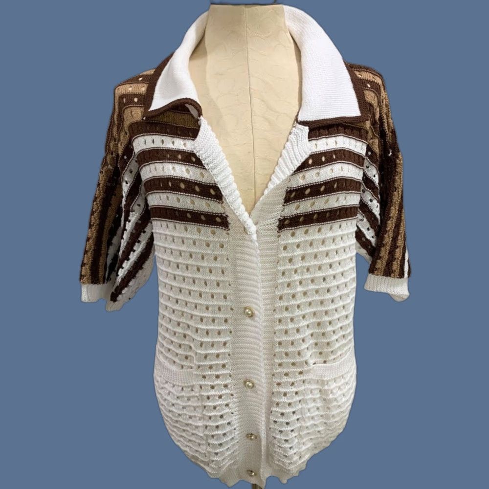 Vintage VINTAGE XL Womens Cardigan Short Sleeve Loose Knit Collared White 100% Polyester Mens? (No) Size XL / US 12-14 / IT 48-50 - 1 Thumbnail