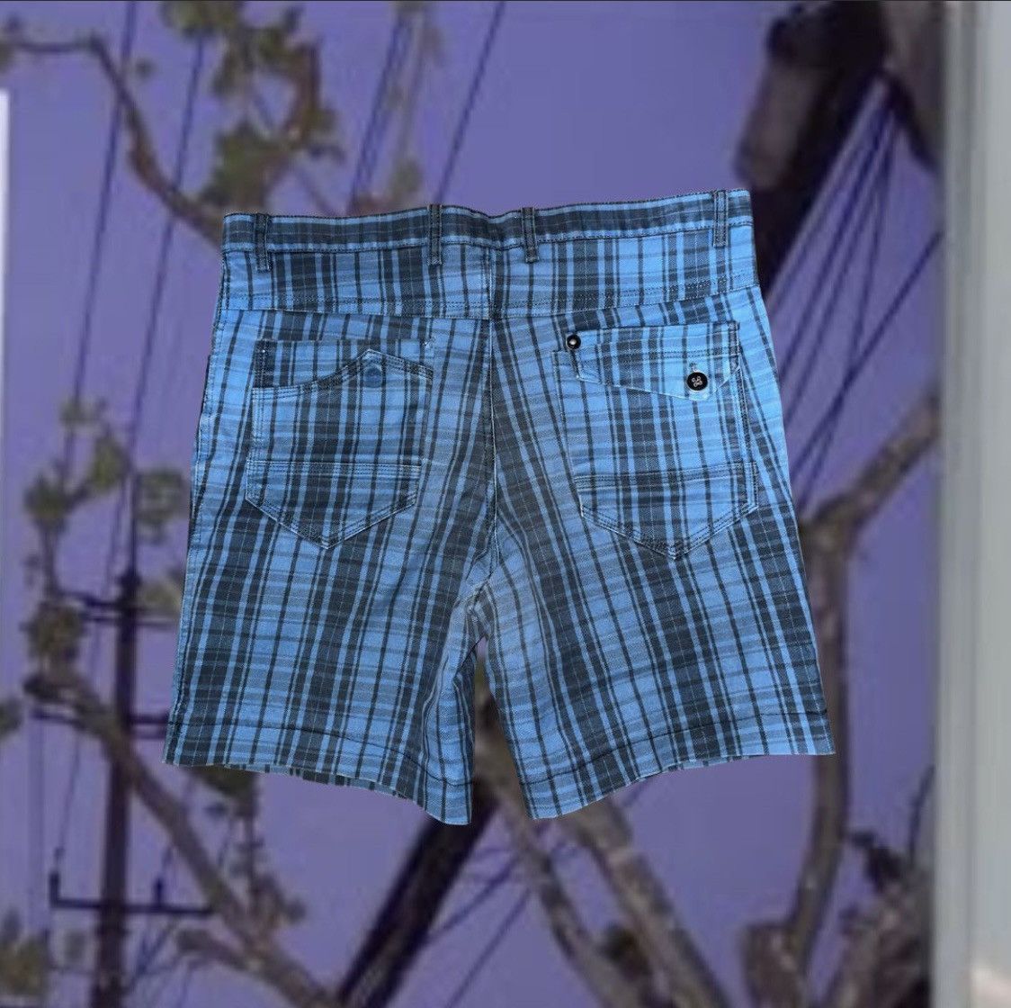 Handmade Plaid Checkered Blue Studded Shorts Size US 35 - 2 Thumbnail